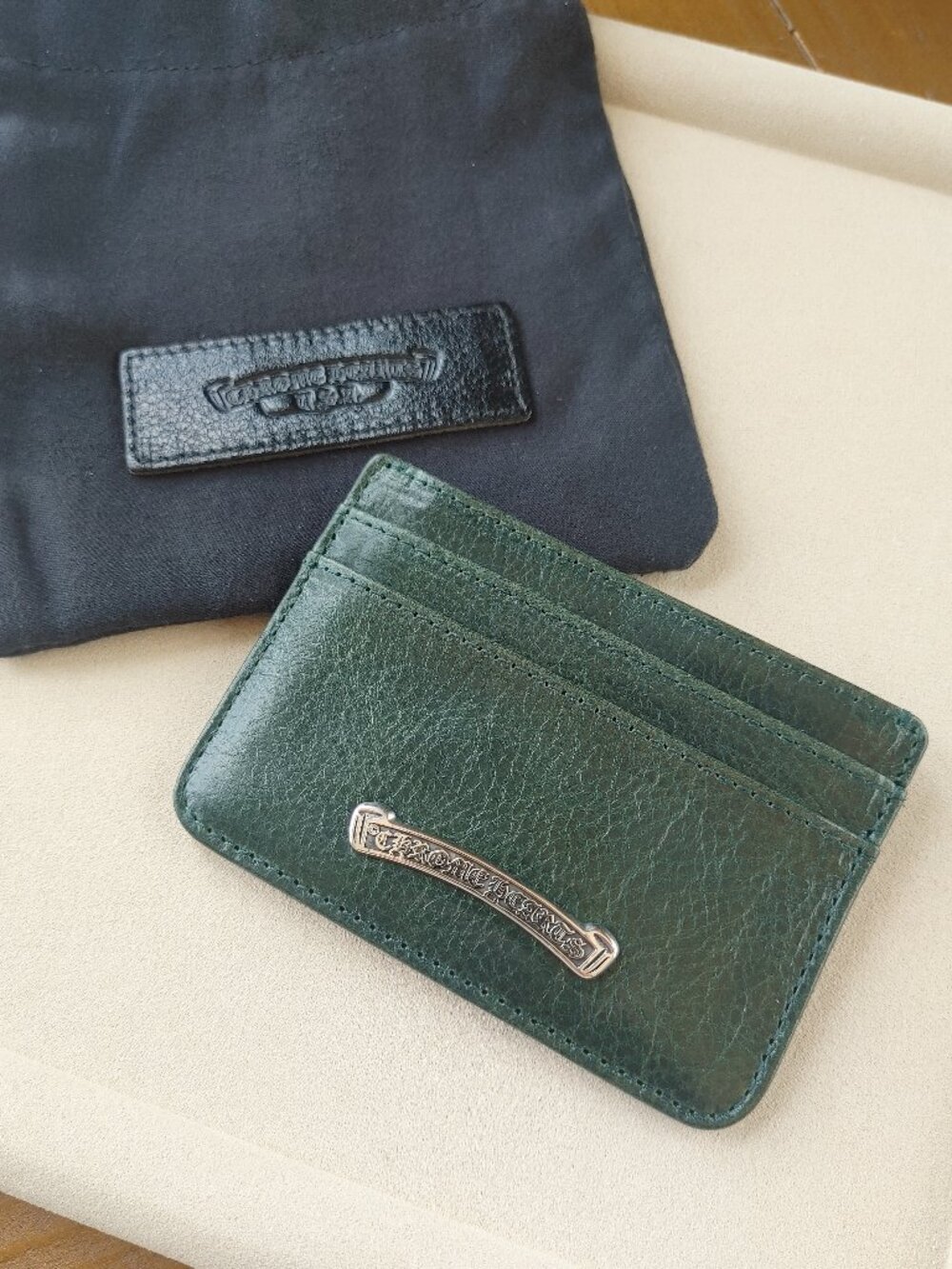 Chrome Hearts Green Emerald Leather Card Holder 925 Sterling Silver Hardware